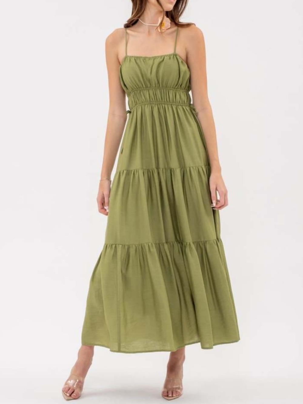 NWT Blu Pepper Shirred front tie tiered Tiered Spaghetti Strap long midi Dress